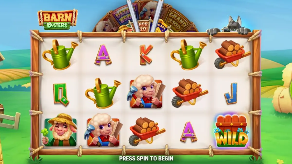 Tampilan visual slot Barn Busters dengan tema pertanian dan roda hadiah.